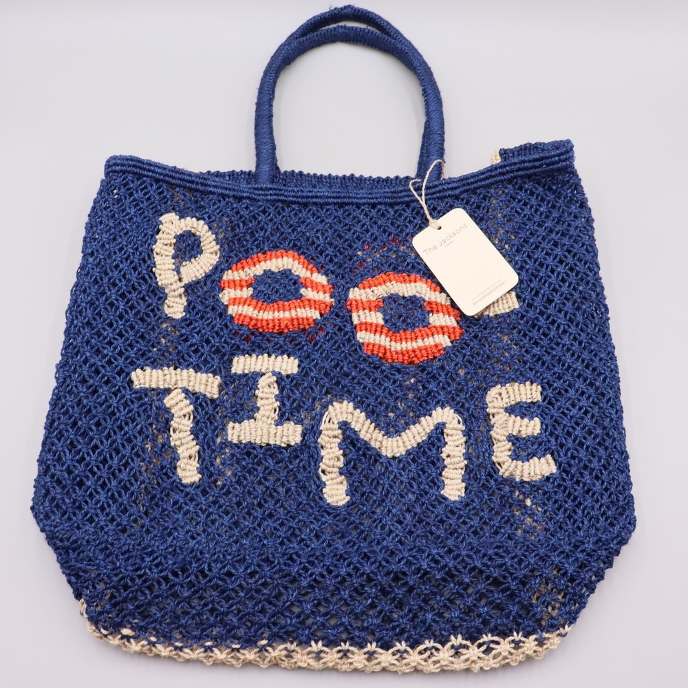 The Jacksons London Pool Time Jute Tote Bag Navy Blue Woven Beach Bag NEW